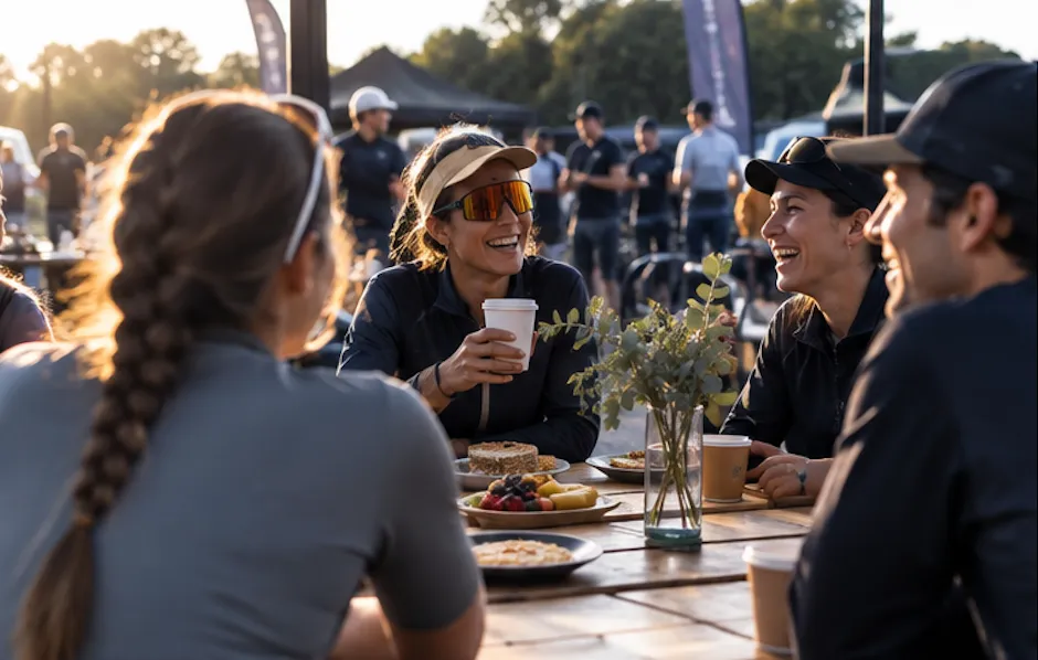 Grupo compartiendo café y desayuno en un evento outdoor de La Merenda